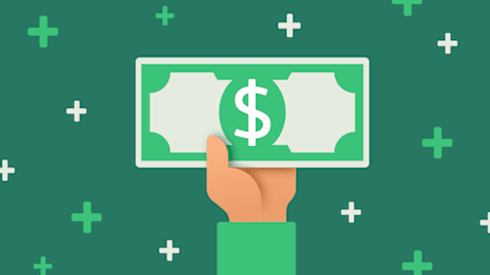 Illustration of a hand holding money with a pattern of plus signs in the background.