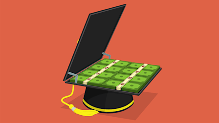 Illustration of a graduation cap the top of which is opened up to reveal a briefcase of money