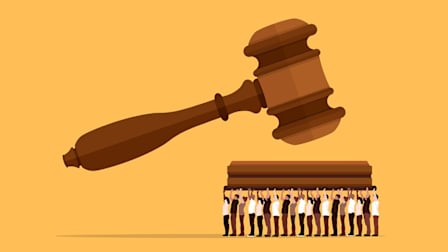 Illustration of a gavel coming down on a block that's being held up by numerous people.