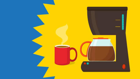 illustrations of coffee mug and coffee maker with sunburst behind them
