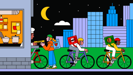 Illustration of multiple food delivery people picking up multiple types of food from one kitchen