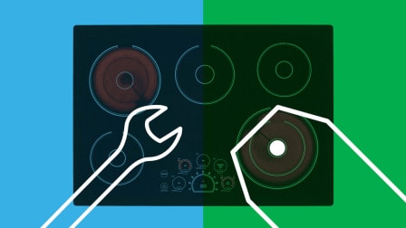 Wrench icon on left, price tag icon on right on top of electric cooktop