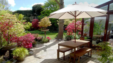patio deck in garden with patio umbrella