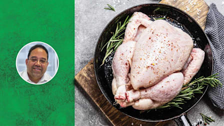 Raw whole chicken prepared or being cooked on pan with spices. Photo on James Rogers inset.