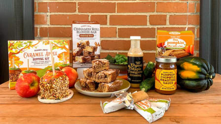 Trader Joe's Caramel Apple Dipping Kit, Cinnamon Roll Blondie Bar Baking Mix, Organic Maple Vinaigrette Dressing, Pumpkin Chipotle Roasting Sauce, and This Pumpkin Walks into a Bar (Cereal Bars)