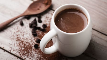 hot chocolate in a white mug with cocoa powder