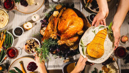 Holiday feast spread across a dining room table