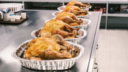 Five turkeys sit atop kitchen counter