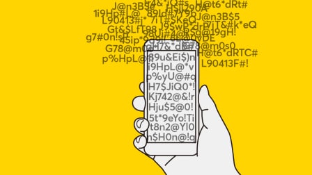Illustration of a hand holding a cell phone with a jumble of passwords