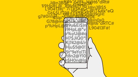 Illustration of a hand holding a cell phone with a jumble of passwords