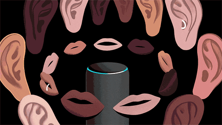 Illustration of several mouth of different skin tones speaking from a smart speaker to several ears of different skin tones.