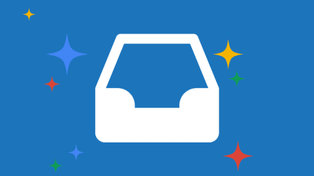 Star burst on blue background with white icon of empty inbox