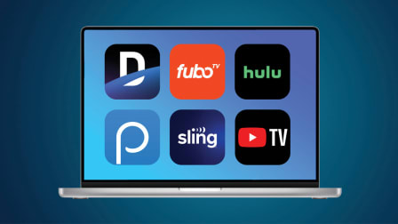 DirecTV Stream, FuboTV, Hulu + Live TV, Philo TV, Sling TV, YouTube TV app icons on laptop screen
