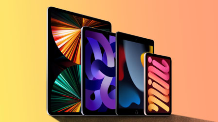 iPad Pro, iPad Air, iPad (9th generation), and iPad mini in front of a yellow-orange gradient.