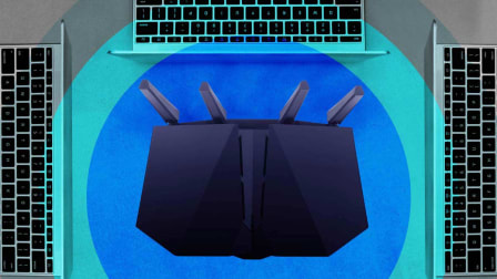 Router surrounded by 3 laptops and rings of blue colors