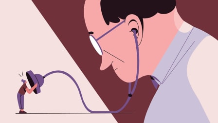 illustration of doctor wearing glasses and stethoscope with patient yelling into the stethoscope