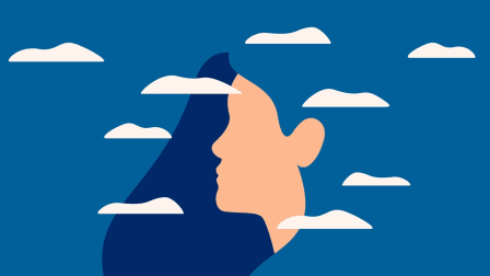 An illustration of a person’s face in the clouds to represent brain fog—difficulty focusing, sluggish thinking, and a foggy memory.