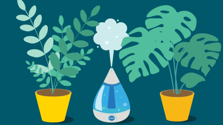 An illustration of a humidifier surrounded by large plants