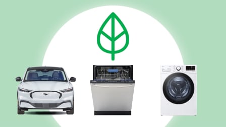 The Consumer Reports Green Choice designation icon above a car, dishwasher and washing machine