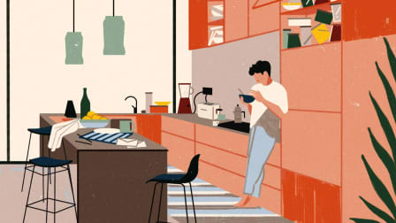 Man in organized kitchen setting