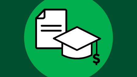 Document icon with graduation cap with a dollar sign tassel