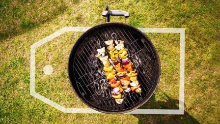 barbecue grill on a lawn surrounded by an illustrated sales tag