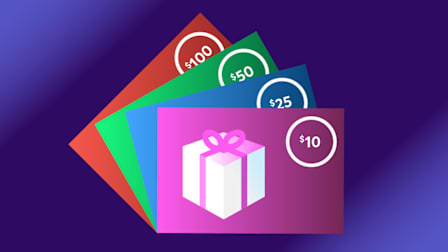 4 Gift cards with gift box and money amounts on purple background