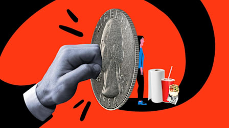 A collage of a person hiding behind a quarter with their purchases with a bill collector knocking on the quarter