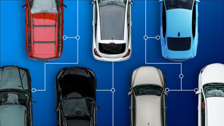 7 cars from above on blue background connected with white line and dots