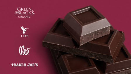 Dark chocolate pieces with Green & Black's Organic, Lily's, Theo, and Trader Joe's logos