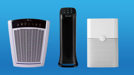 Three air purifiers from LivePure, Honeywell, and Blueair set against a blue background.
