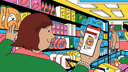 Illustration of women shopping with an orange juice coupon on smart phone