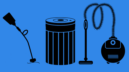 Illustrated GIF of a string trimmer, air purifier, and vacuum with sales tags.