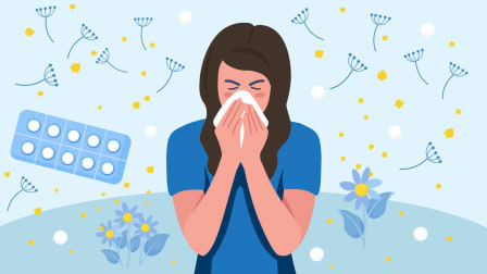 illustration of person blowing their nose with pollen, flowers, and pills floating around them