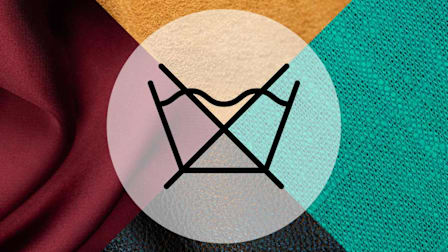 Clockwise suede, linen, leather and silk fabric swatches with a do not wash symbol in a circle