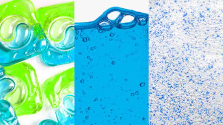 From left to right: Pods, liquid, powder detergent