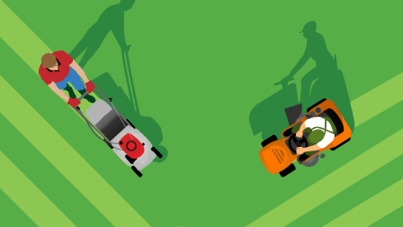 An illustration of a person using a push mower and a person using a tractor mower.