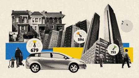 Stuytown-style brick apartments, Brownstones and High rises, and surrounded by credits scores, car  and people walking