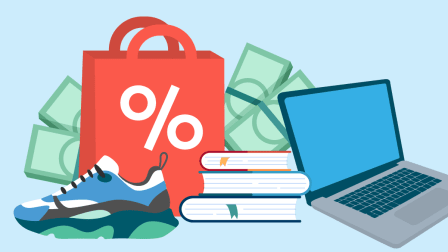 Illustration of a shopping bag with a percentage sign on it, a sneaker, books, and a laptop