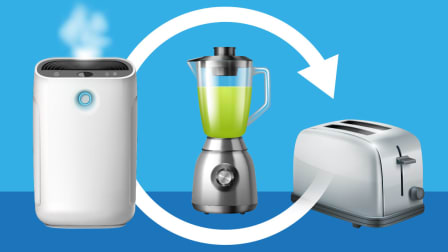 Circle with arrow surrounding dehumidifier, blender and toaster