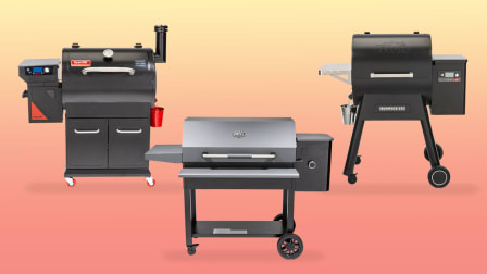 Collage of pellet grills: the Dyna-Glo Signature Series DGSS700BPW-D-Kit Grill, Expert Grill Atlas XG1136224169003, and Traeger Ironwood 650 TFB65BLE Grill.