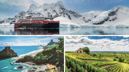 collage of 3 images: cruise ship along Antarctic coast, beach in Brazil, and vineyards in Bordeaux