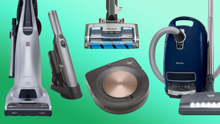 Clockwise from top: Shark Vertex Ultralight HZ2002 Vacuum Cleaner, Miele Complete C3 Marin, iRobot Roomba S9+, Shark Ion W1 WV201, and Kenmore Elite Pet Friendly 31150
