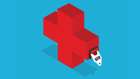 illustration of red medical cross with ticket being dispensed that says "now"