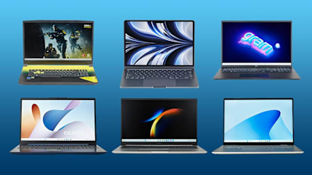 Clockwise from center: Apple MacBook Air 13-inch (2022, M2, 8 Core), LG Gram 17 (2023), Dell Inspiron i7630-5640SLV, Samsung Galaxy Book3, Lenovo IdeaPad Slim 3 15IRU8, and MSI Crosshair 17 B12UGZ-295 Laptops