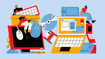 Illustration of old and new tech equipment including 3 people