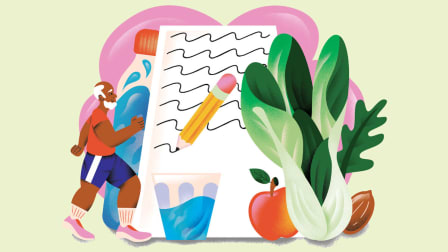illustration of person in workout clothes walking past water bottle, glass of water, pencil, paper, bok choy, arugula, apple, and almond