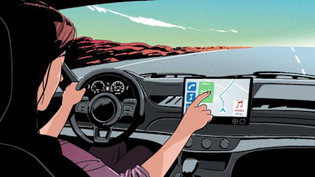 illustration of person driving on desert road using car's touchscreen navigation system
