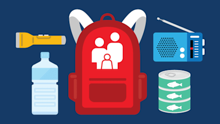 Backpack with family icon on it surrounded by portable radio, flashlight cans of tuna, and a bottle of water.
