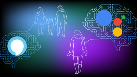 Voice assistant logos on brains generating line drawings of people.